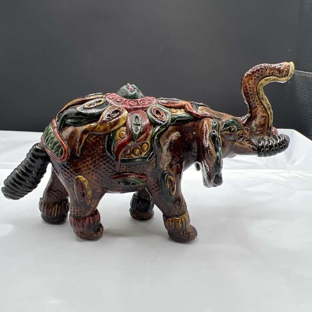Vintage Guatemalan Folk Art Resin‎ Elephant Figurine Hand Painted Guatemala